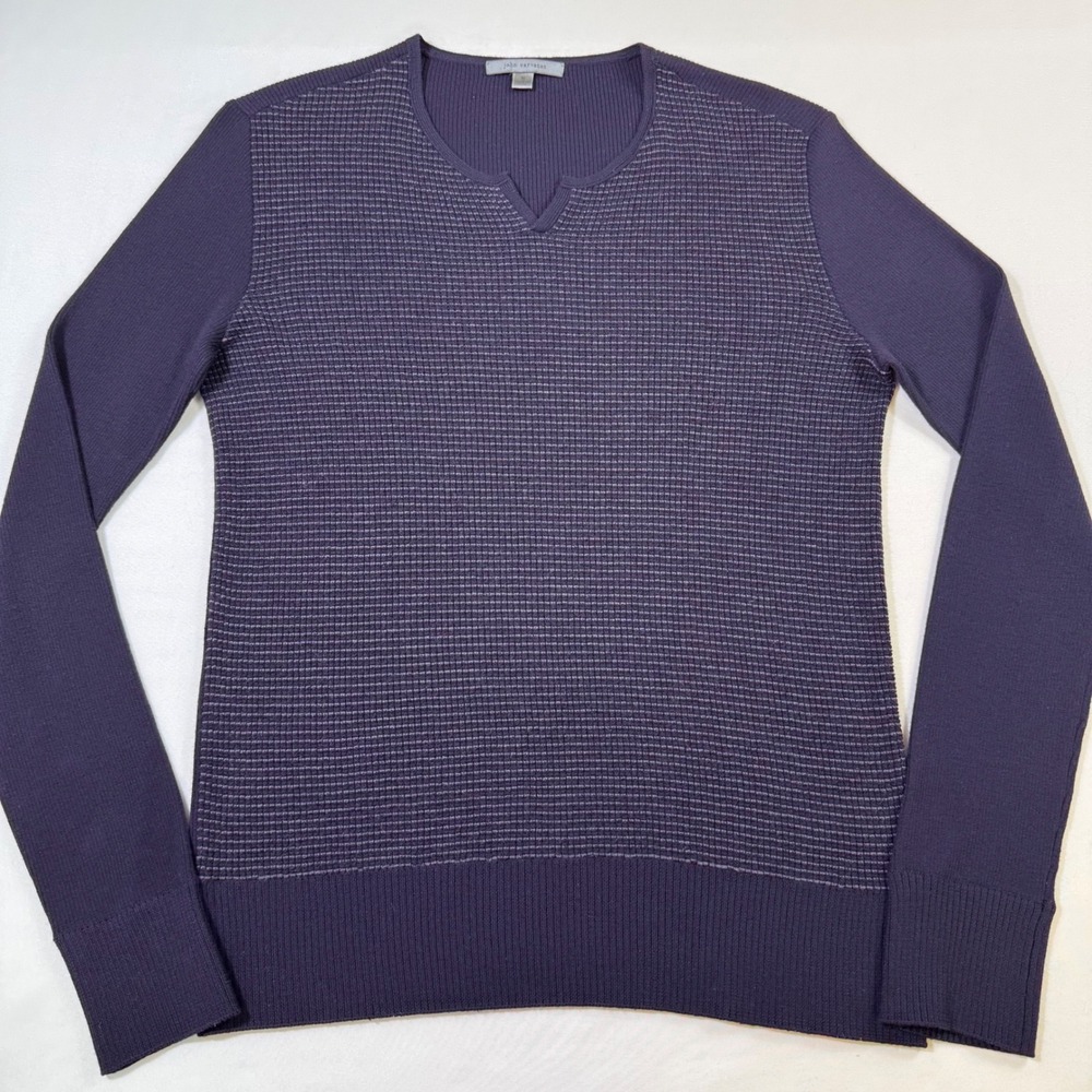 John Varvatos Sweater Mens M Purple Merino Wool Split Neck Waffle Knit Preppy
